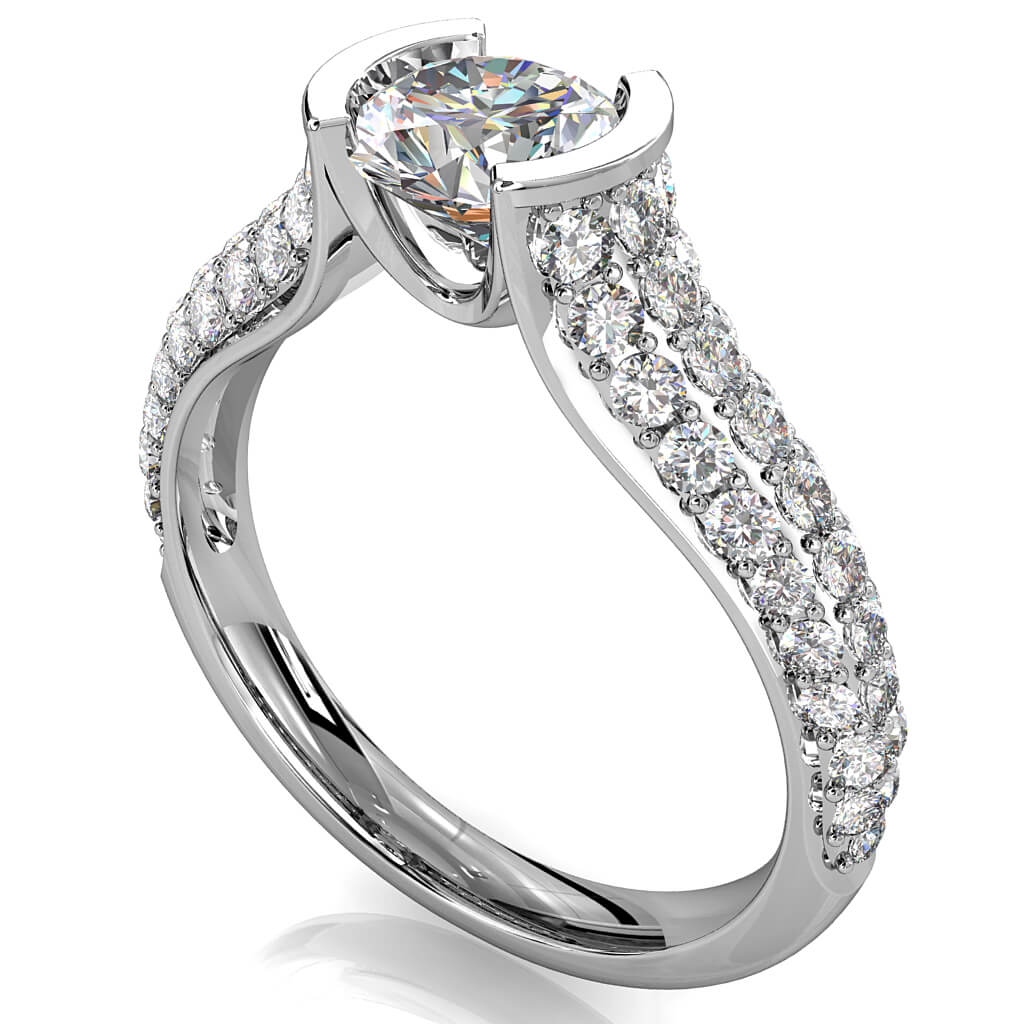 Round Brilliant Cut Diamond Solitaire Engagement Ring, Semi Bezel Tension Set on a Reverse Tapered Pave Band.