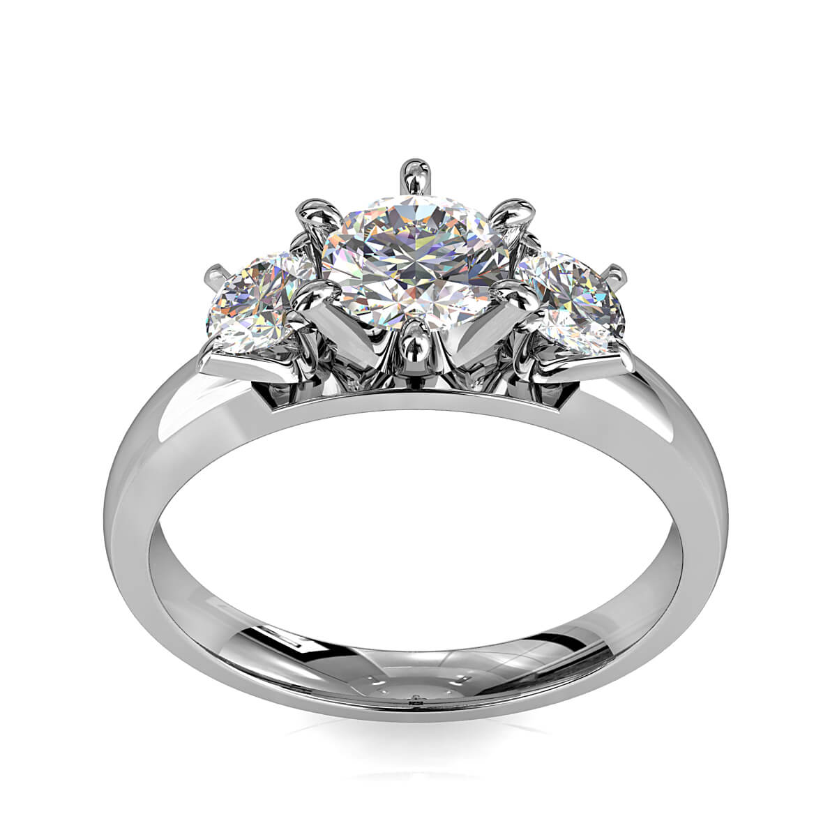 Round Brilliant Cut Diamond Trilogy Engagement Ring, Centre 6 Claw Set with 4 Claw Set Pear Side Stones with a Classic Crown Setting.