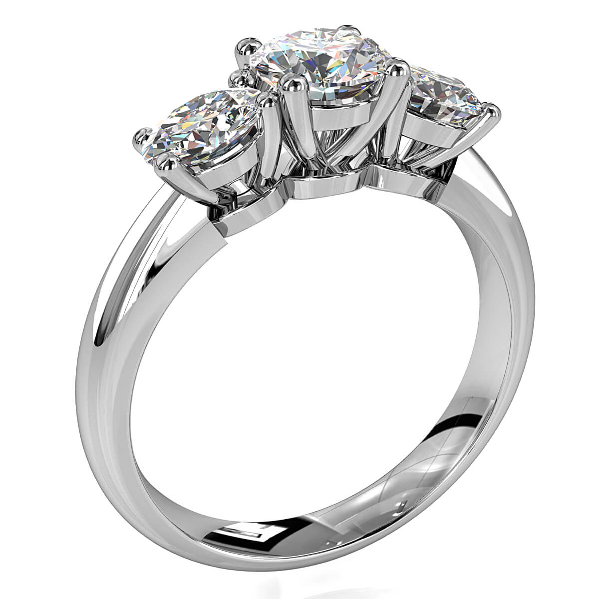Round Brilliant Cut Diamond Trilogy Engagement Ring, Stones 4 Claw Set on a Rounded Band with Classic Crown Undersetting.