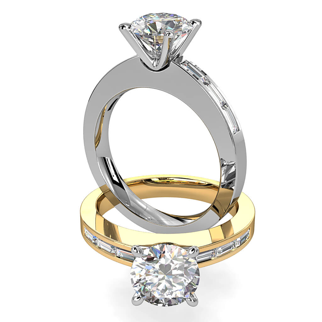 Round Brilliant Cut Solitaire Diamond Engagement Ring, 4 Pear Shaped Claws Set on a Baguette Channel Set Band.