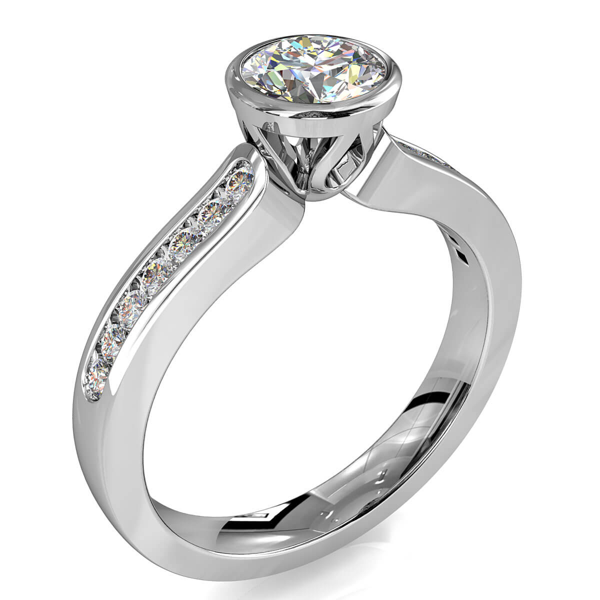 Round Brilliant Cut Diamond Solitaire Engagement Ring, Bezel Set on a Channel Set Band with Lotus Undersetting.