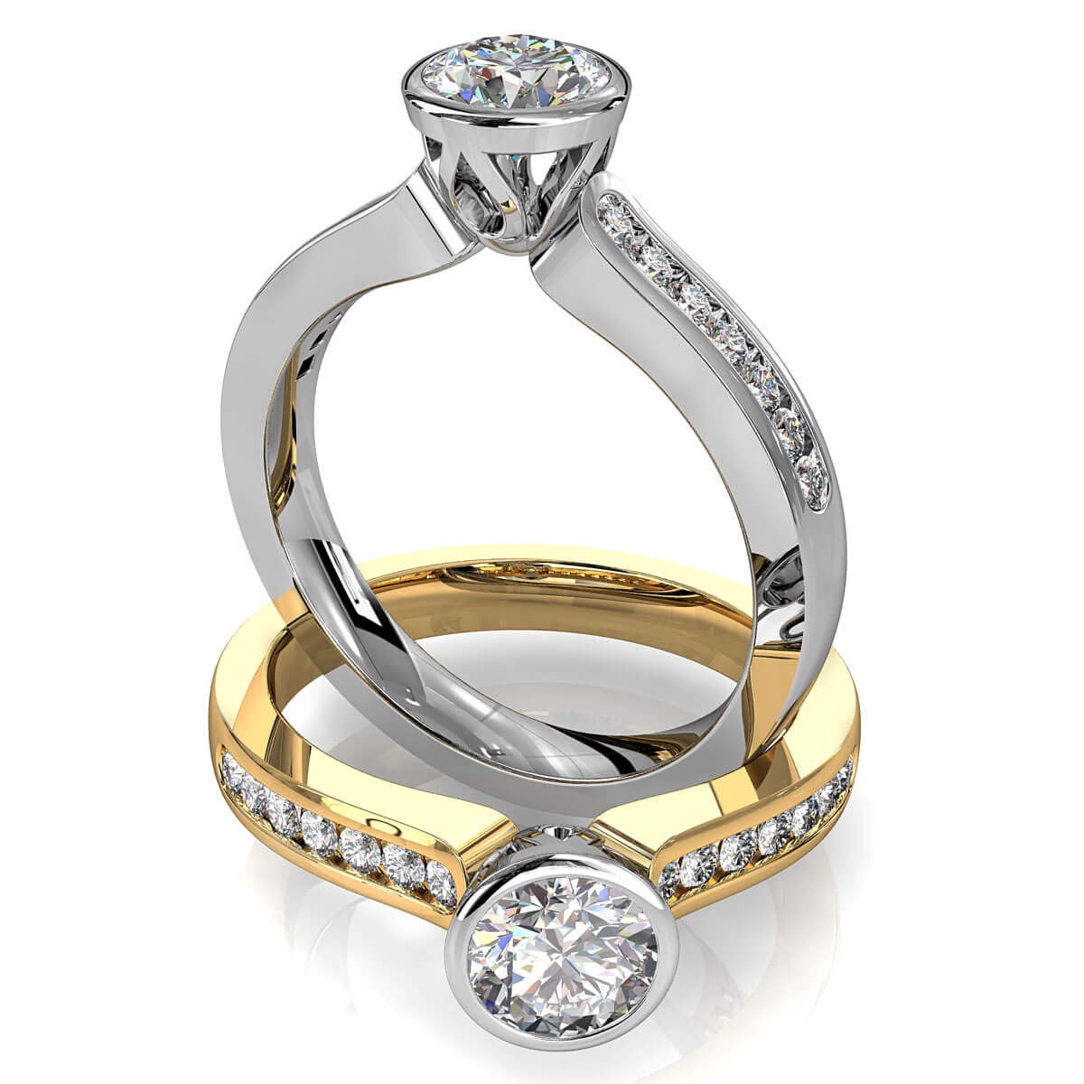 Round Brilliant Cut Diamond Solitaire Engagement Ring, Bezel Set on a Channel Set Band with Lotus Undersetting.