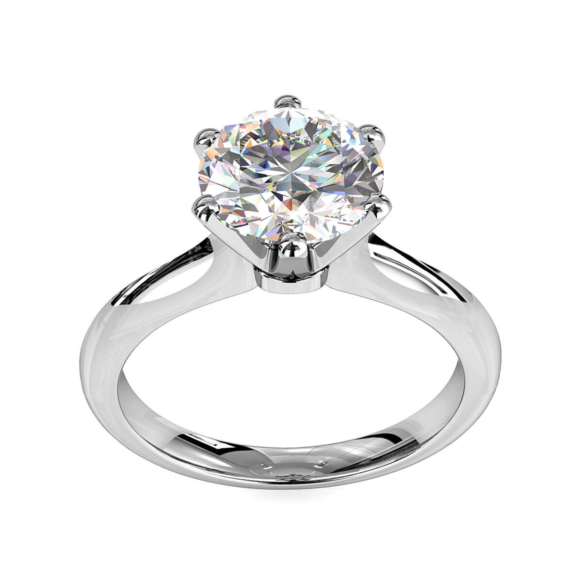 Round Brilliant Cut Solitaire Diamond Engagement Ring, 6 Fine Button Claws Set on Subtle Knife Edge Tapered Rounded Band with Crown Undersetting.