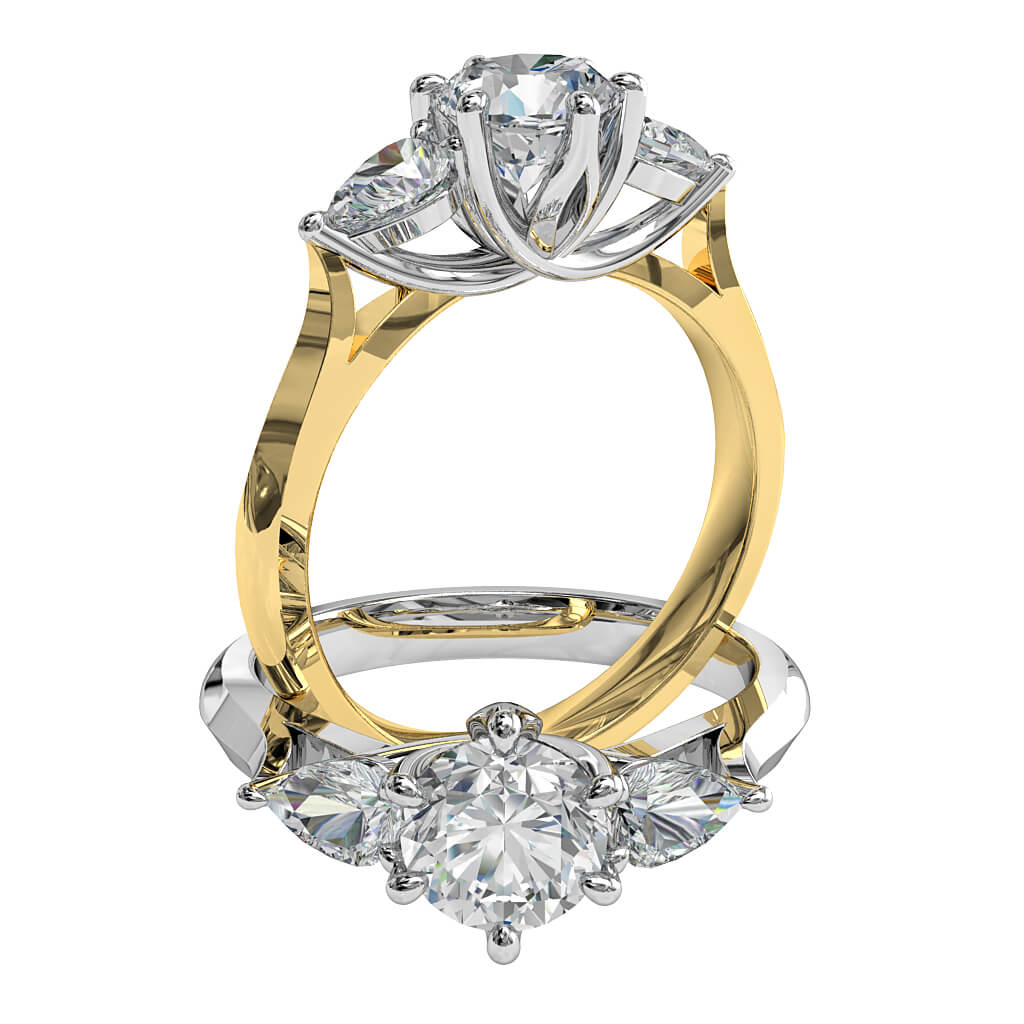 Round Brilliant Cut Diamond Trilogy Engagement Ring, Stones 6 Claw Set with Pear Side Stones and a Lotus Undersweep Setting.