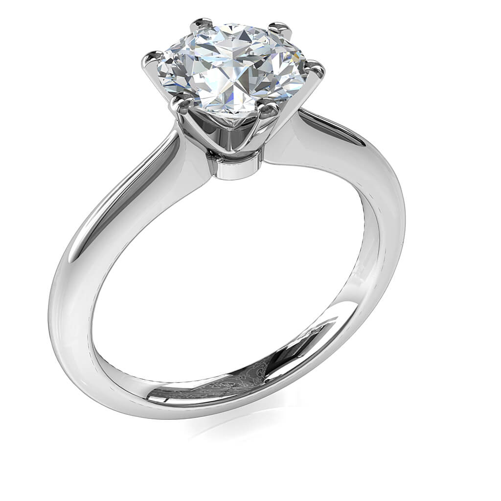 Round Brilliant Cut Solitaire Diamond Engagement Ring, 6 Button Claws Set on Rounded Thin Tapered Band with Low Classic Setting.
