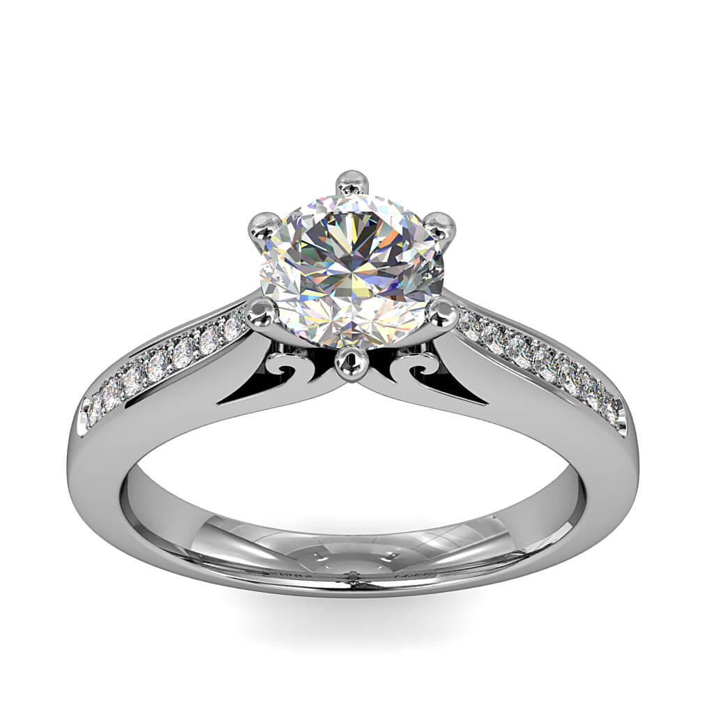 Round Brilliant Cut Solitaire Diamond Engagement Ring, 6 Button Claws Set on Tapering Bead Set Band with Scroll Detail Undersetting.