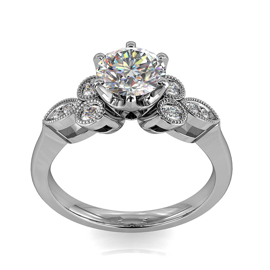 Round Brilliant Cut Solitaire Diamond Engagement Ring, 6 Button Claws Set on Tri-Leaf and Circle Milgrain Stone Set Band with Webbed Undersetting.