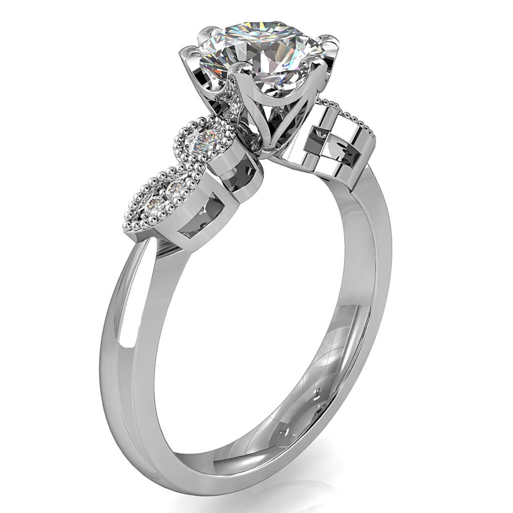 Round Brilliant Cut Solitaire Diamond Engagement Ring, 6 Fine Square Claws Set on Circle and Scalloped Milgrain Band with Webbed Undersetting.