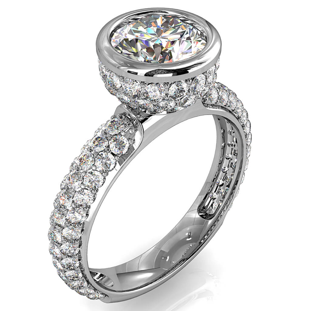 Round Brilliant Cut Diamond Solitaire Engagement Ring, Bezel Set in a Rolled Pave Cup Setting on a Rolled Pave Band.