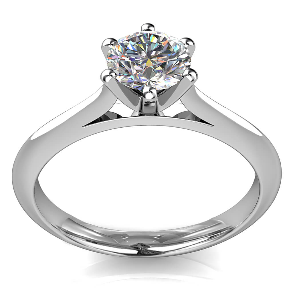 Round Brilliant Cut Solitaire Diamond Engagement Ring, 6 Fine Button Claws Set on Thin Tapering Knife Edge Band with Classic Underrail Setting.