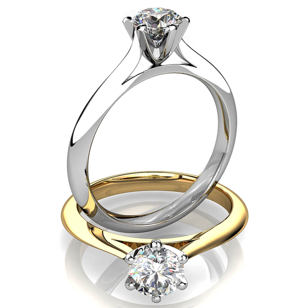 Round Brilliant Cut Solitaire Diamond Engagement Ring, 6 Fine Button Claws Set on Thin Tapering Knife Edge Band with Classic Underrail Setting.