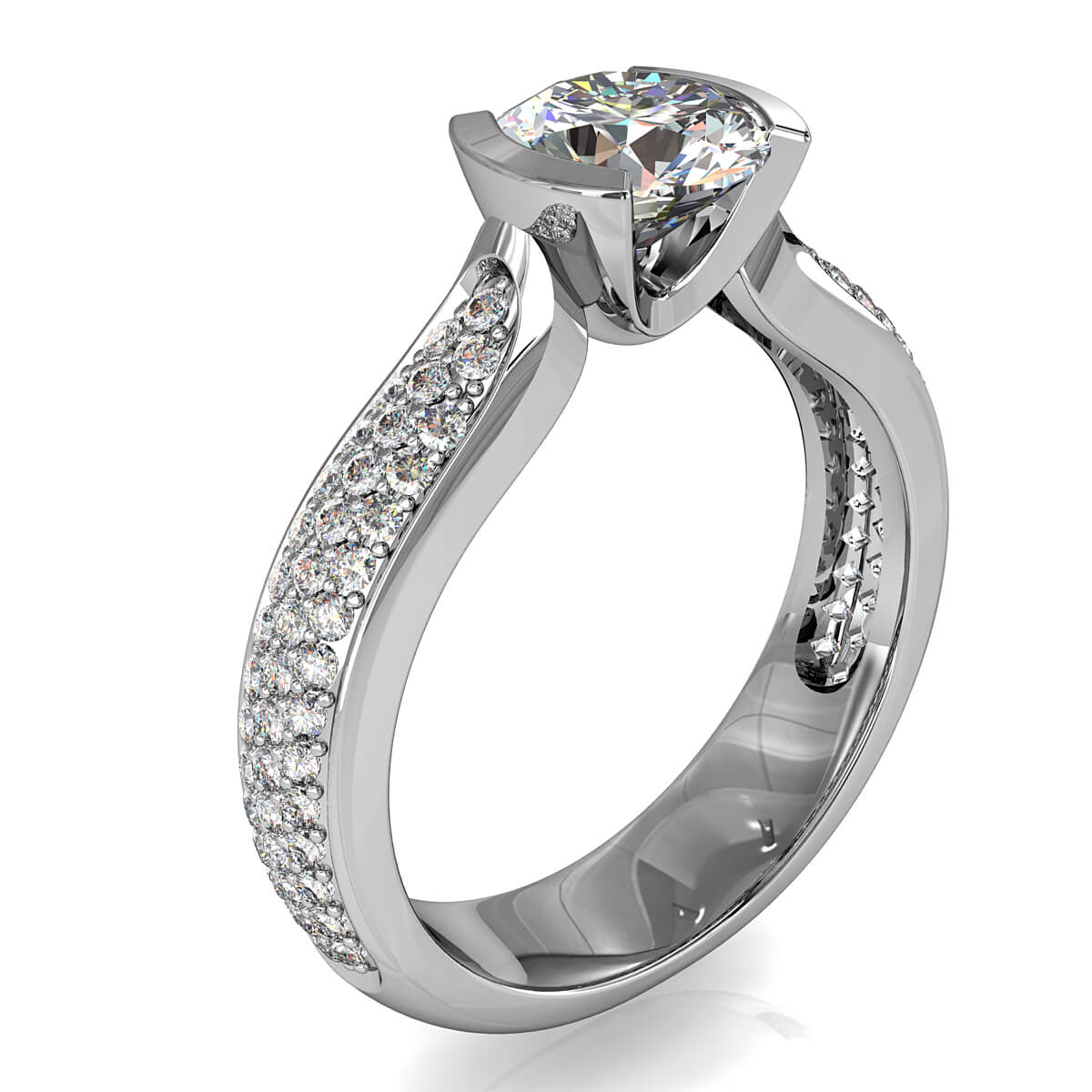 Round Brilliant Cut Diamond Solitaire Engagement Ring, Semi Bezel Tension Set on a Tapered Pave Band.