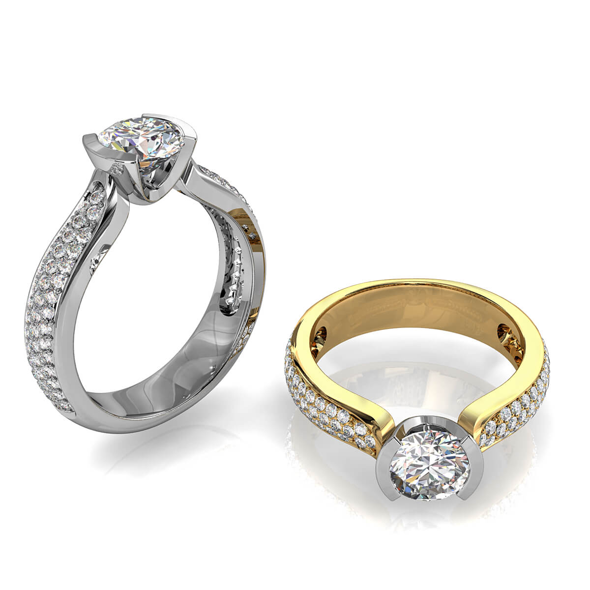 Round Brilliant Cut Diamond Solitaire Engagement Ring, Semi Bezel Tension Set on a Tapered Pave Band.