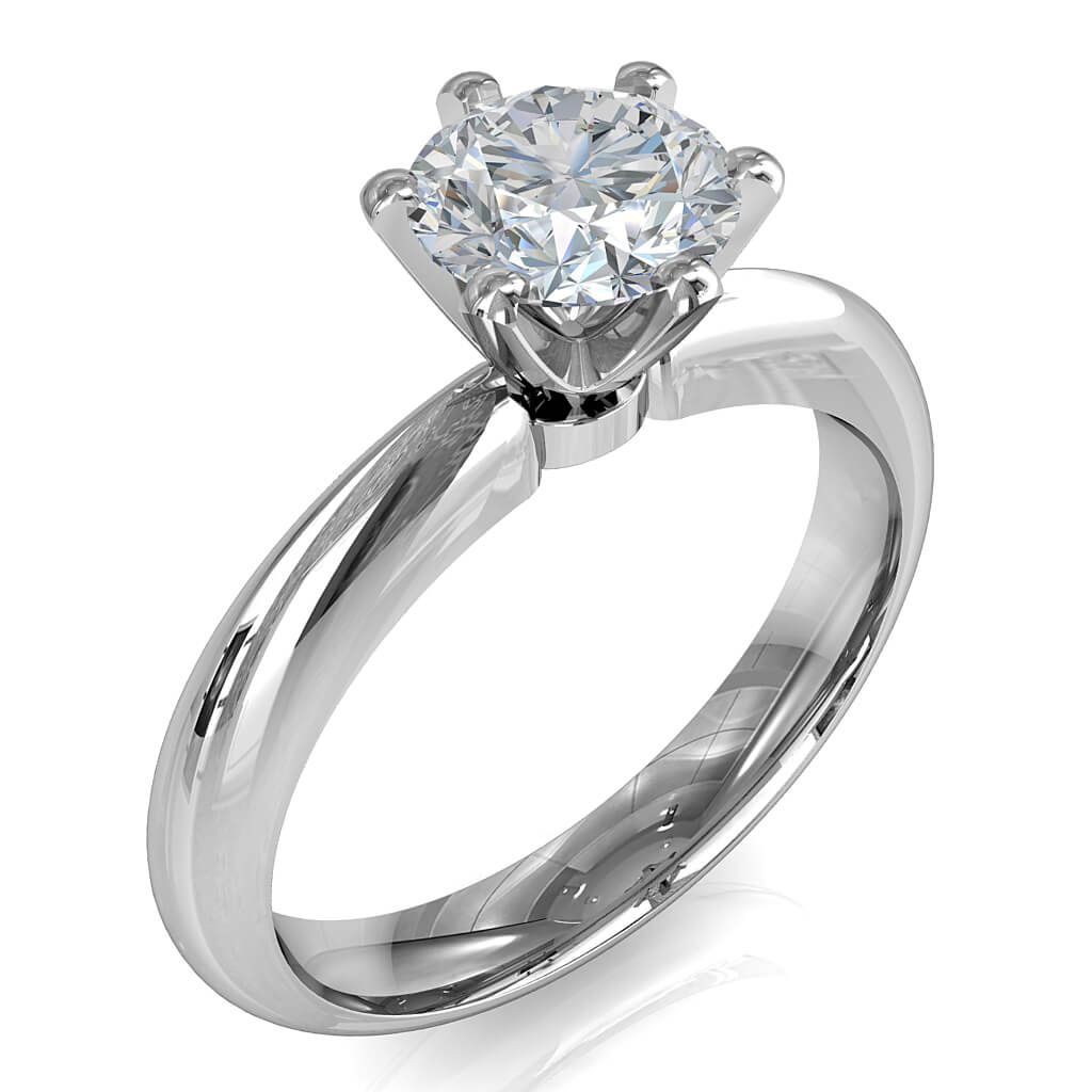 Round Brilliant Cut Solitaire Diamond Engagement Ring, 6 Fine Square Claws Set on a Wide Rounded Pinched Band with Crown Undersetting.