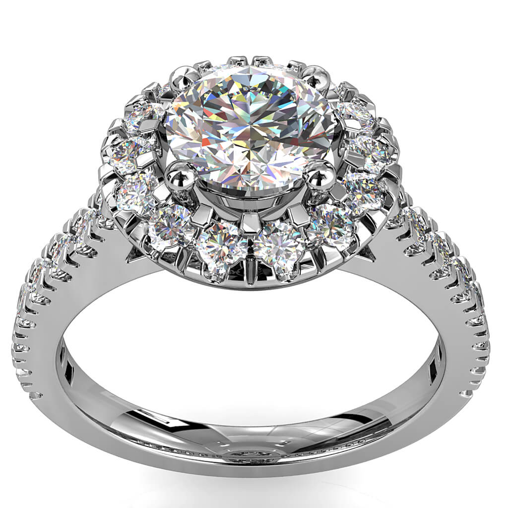 Round Brilliant Cut Halo Diamond Engagement Ring, 4 Button Claws Set in a Large Double Cut Claw Halo with Double Cut Claw Band with a V Undersetting.