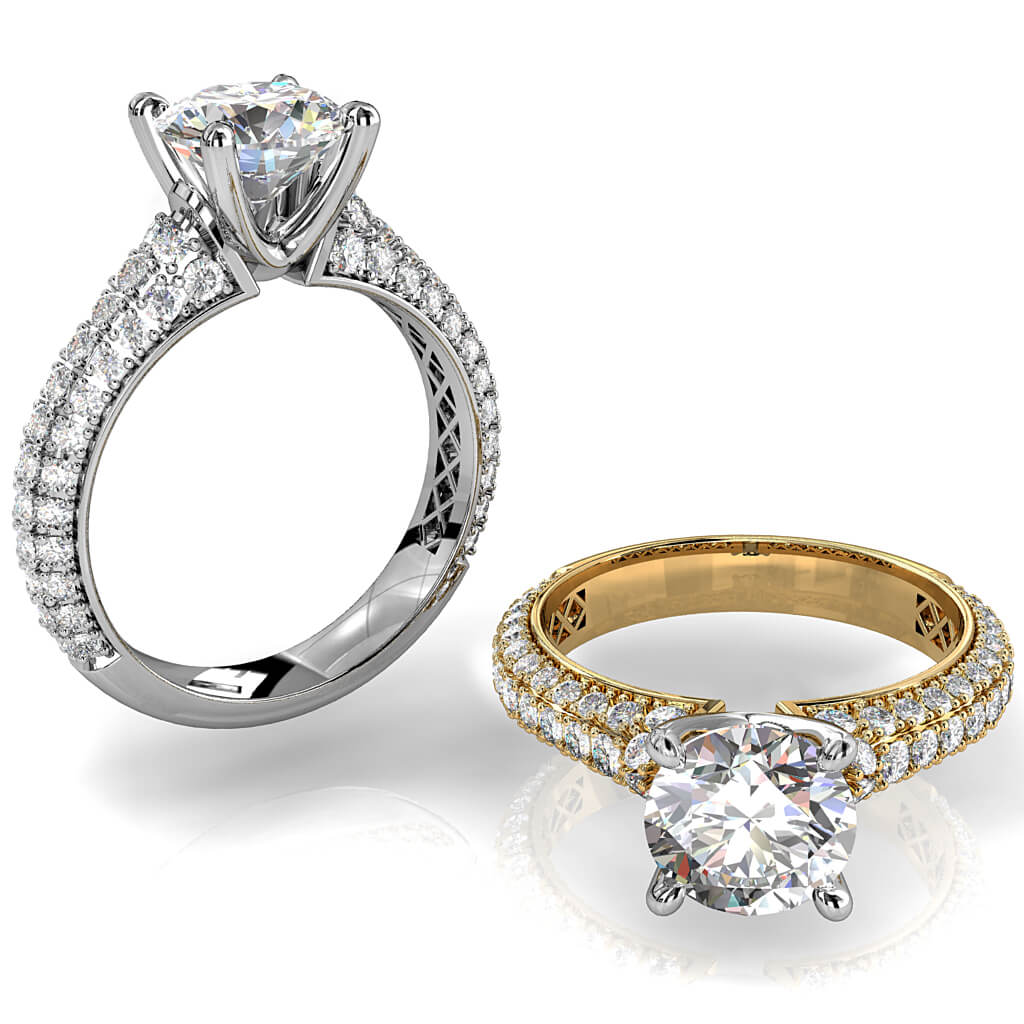 Round Brilliant Cut Solitaire Diamond Engagement Ring, 4 Pear Shape Claws Set on High Dome Pavé Band with Classic Undersetting.