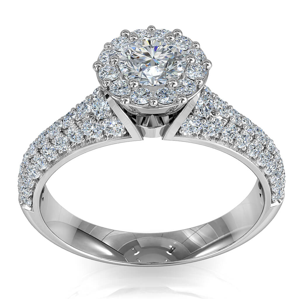 Round Brilliant Cut Diamond Halo Engagement Ring, 8 Claws Set in an Illusion Halo on a Pave Band with Wire basket Undersetting.