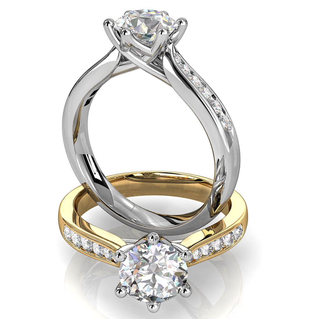 Round Brilliant Cut Solitaire Diamond Engagement Ring, 6 Button Claws Set on Tapered Channel set Band with Weave Undersetting.