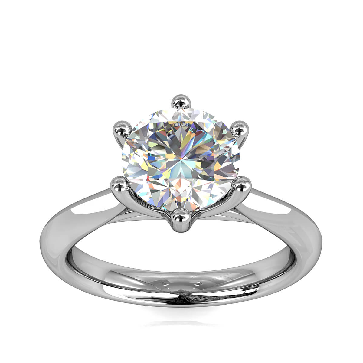 Round Brilliant Cut Solitaire Diamond Engagement Ring, 6 Button Claws on Rounded Tapered Band with Lotus Undersweep Setting.