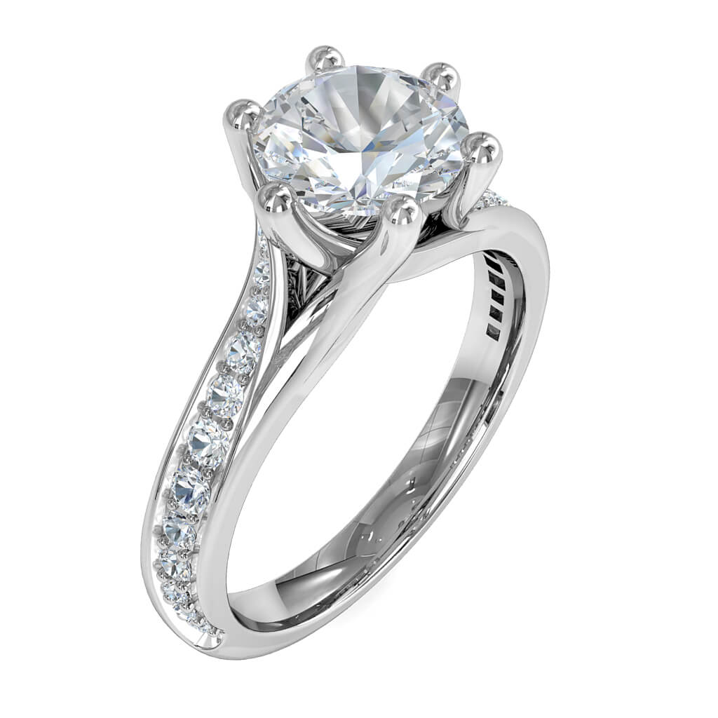 Round Brilliant Cut Solitaire Diamond Engagement Ring, 6 Claws Set on Split Sweeping Bead Set Band and Crossover Undersetting.