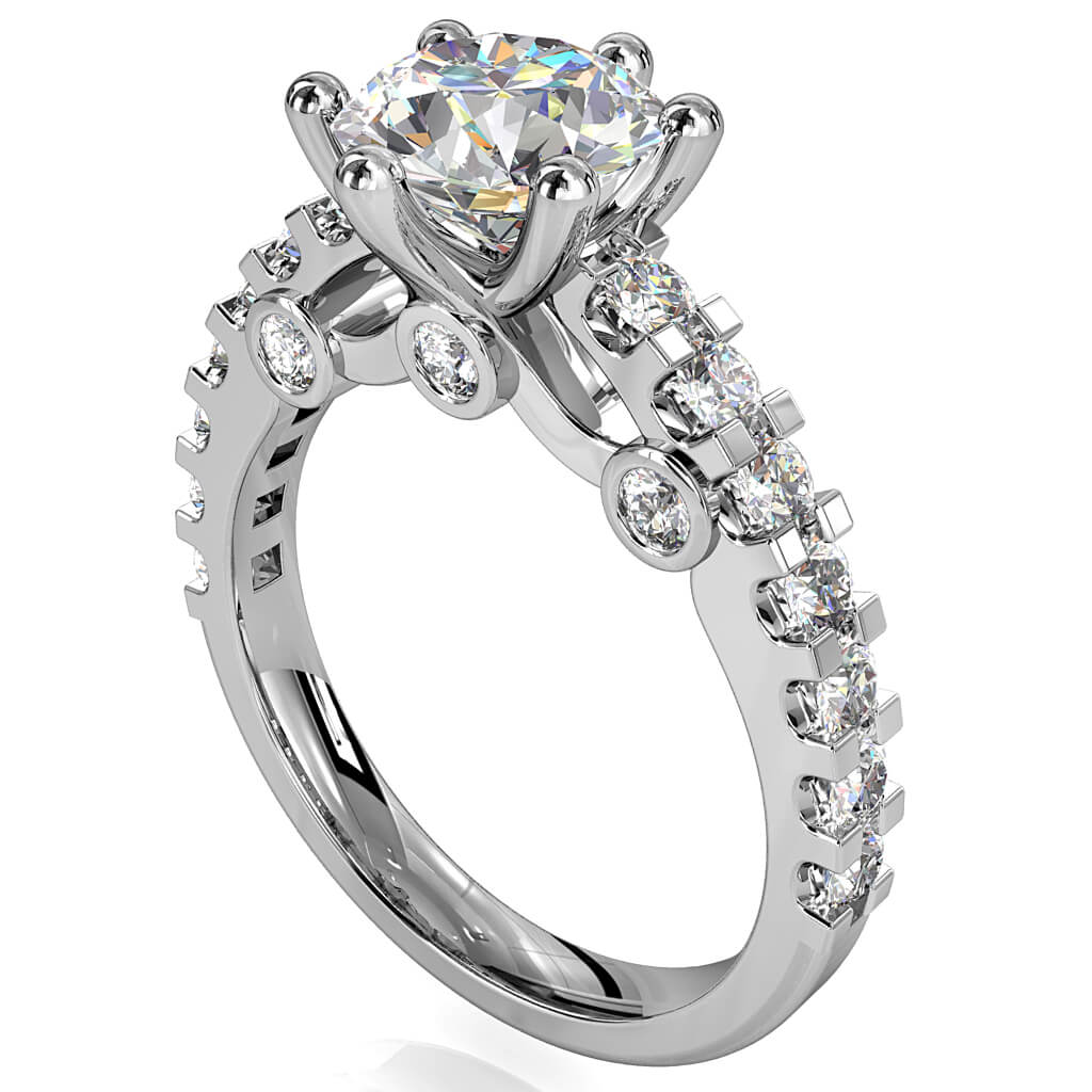 Round Brilliant Cut Solitaire Diamond Engagement Ring, 6 Sqaure Claws Set on Heavy Square cut Claw Band with Three Hidden Diamond Undersetting.