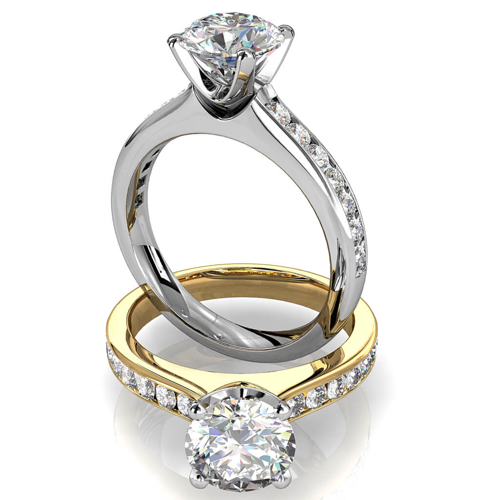 Round Brilliant Cut Solitaire Diamond Engagement Ring, 4 Button Claws Set on a Channel Set Band with Classic Undersetting.