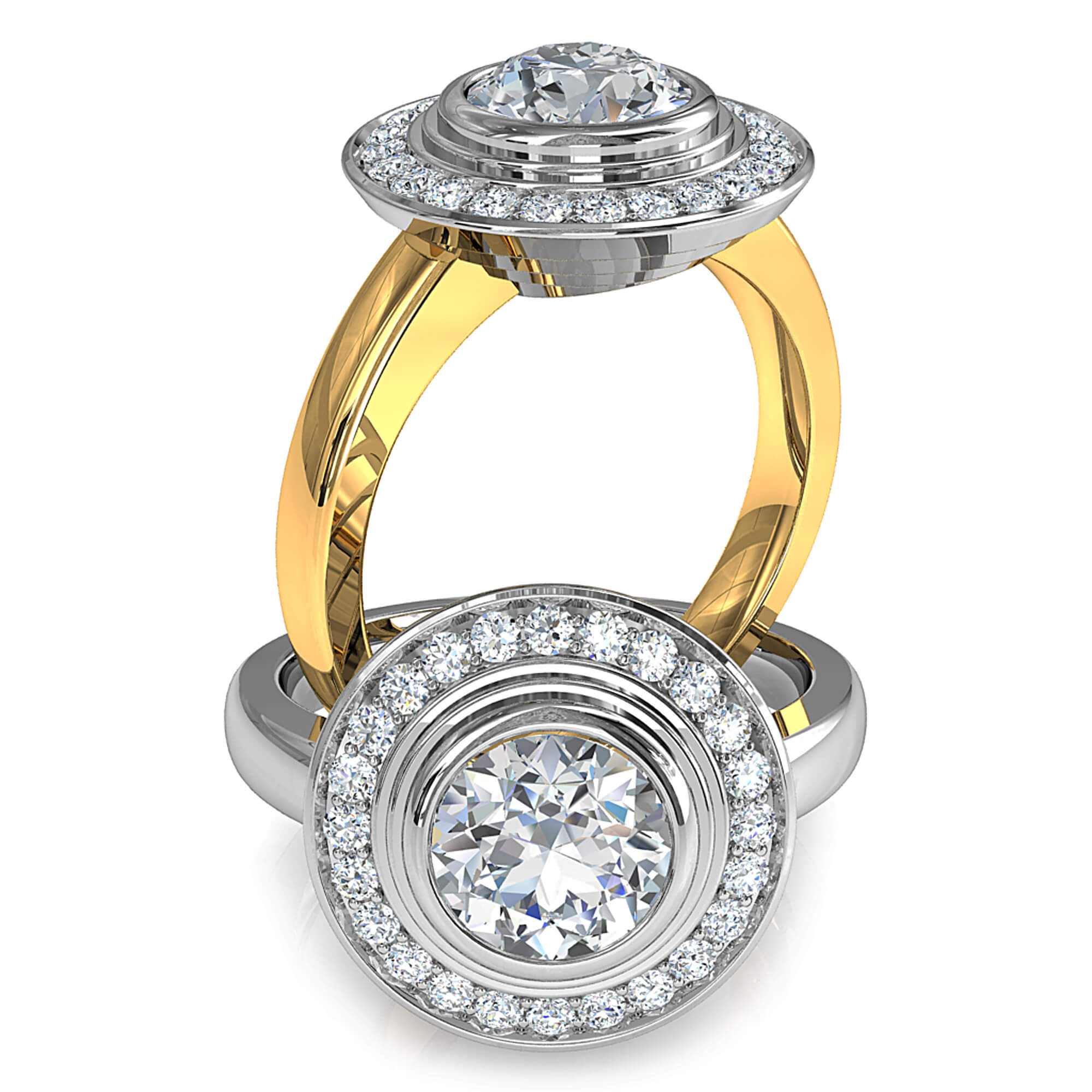 Round Brilliant Cut Diamond Halo Engagement Ring, Triple Bezel Set in a Bead Set Halo on a Plain Straight Band.