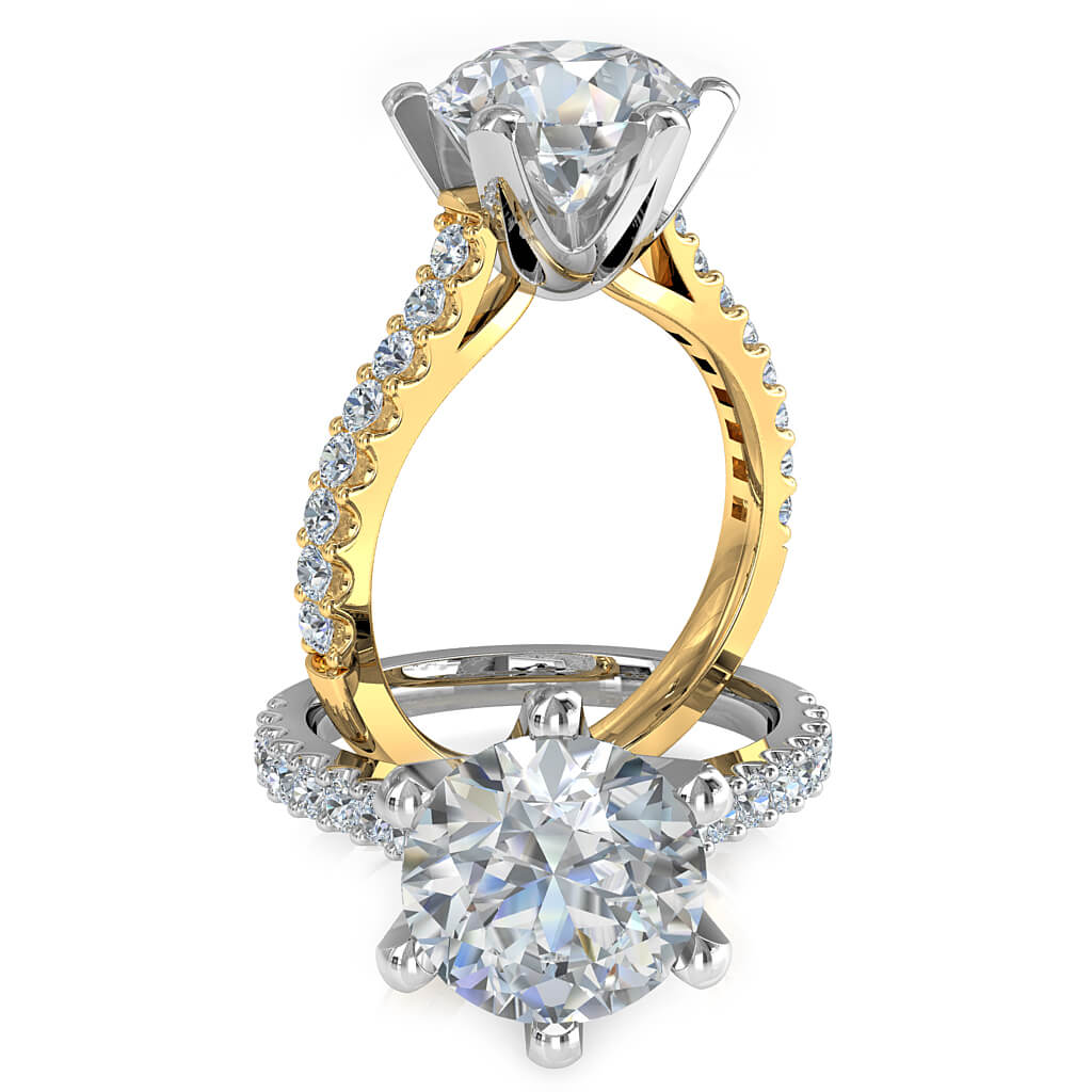 Round Brilliant Cut Solitaire Diamond Engagement Ring, 6 Claws Set on Fine Rounded Cut Claw Band with Fluted Undersetting.