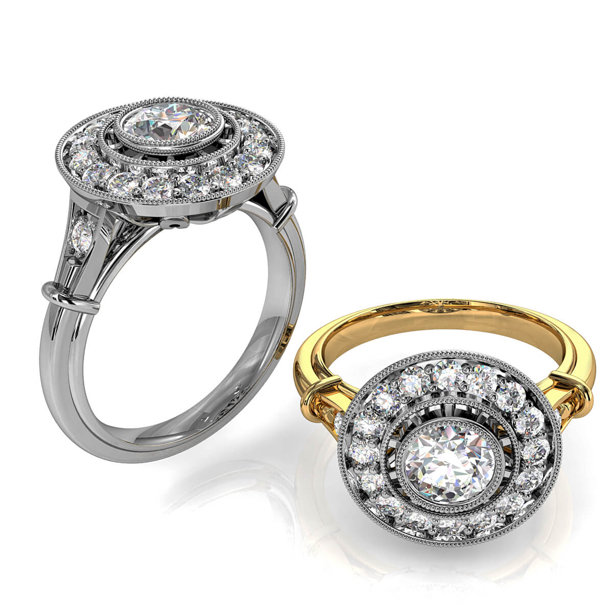Round Brilliant Cut Diamond Halo Engagement Ring, Bezel Set in a Seperate Bead Set Halo on an Art Deco Band.