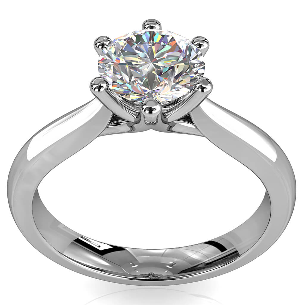 Round Brilliant Cut Solitaire Diamond Engagement Ring, 6 Button Claws Set on Tapered Knife Edge Band with High Dome profile with Fountain Under Setting