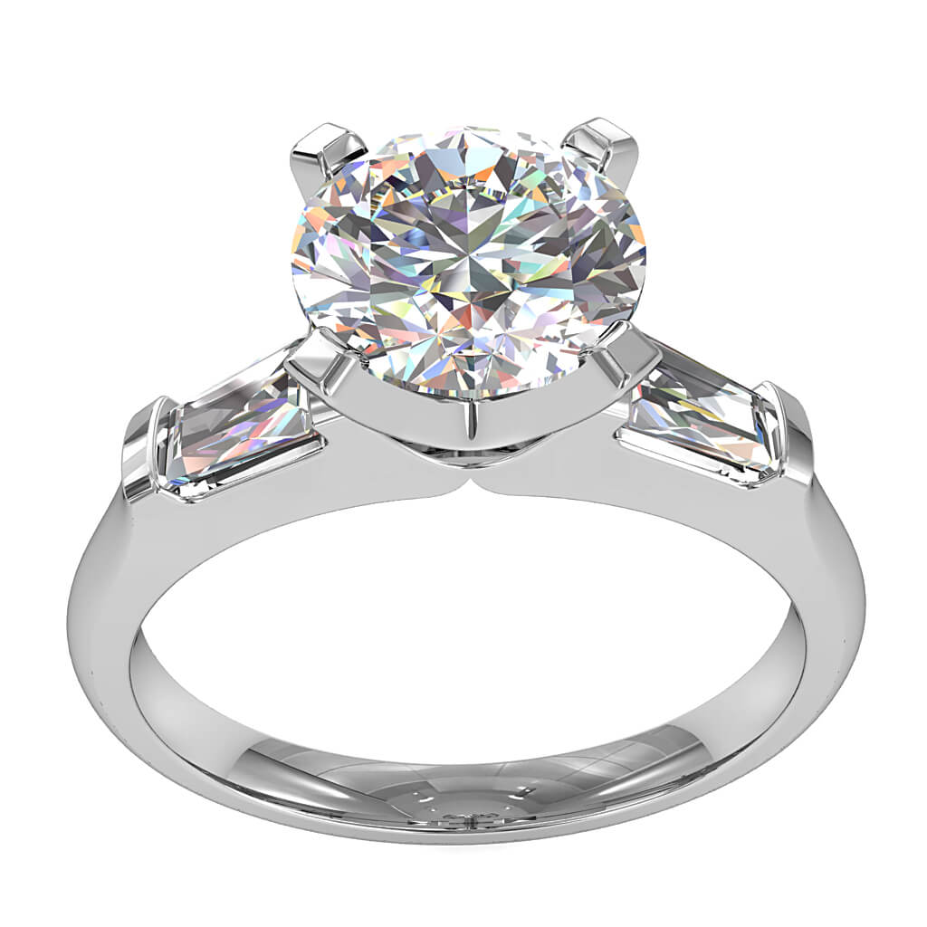 Round Brilliant Cut Diamond Trilogy Engagement Ring, Stones 4 Claw Set with Tapered Baguette Side Stones with a Classic Setting.