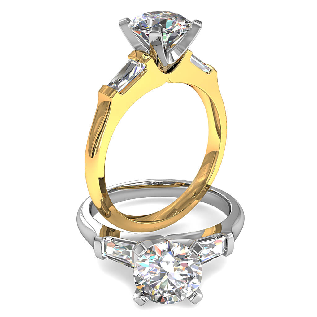 Round Brilliant Cut Diamond Trilogy Engagement Ring, Stones 4 Claw Set with Tapered Baguette Side Stones with a Classic Setting.