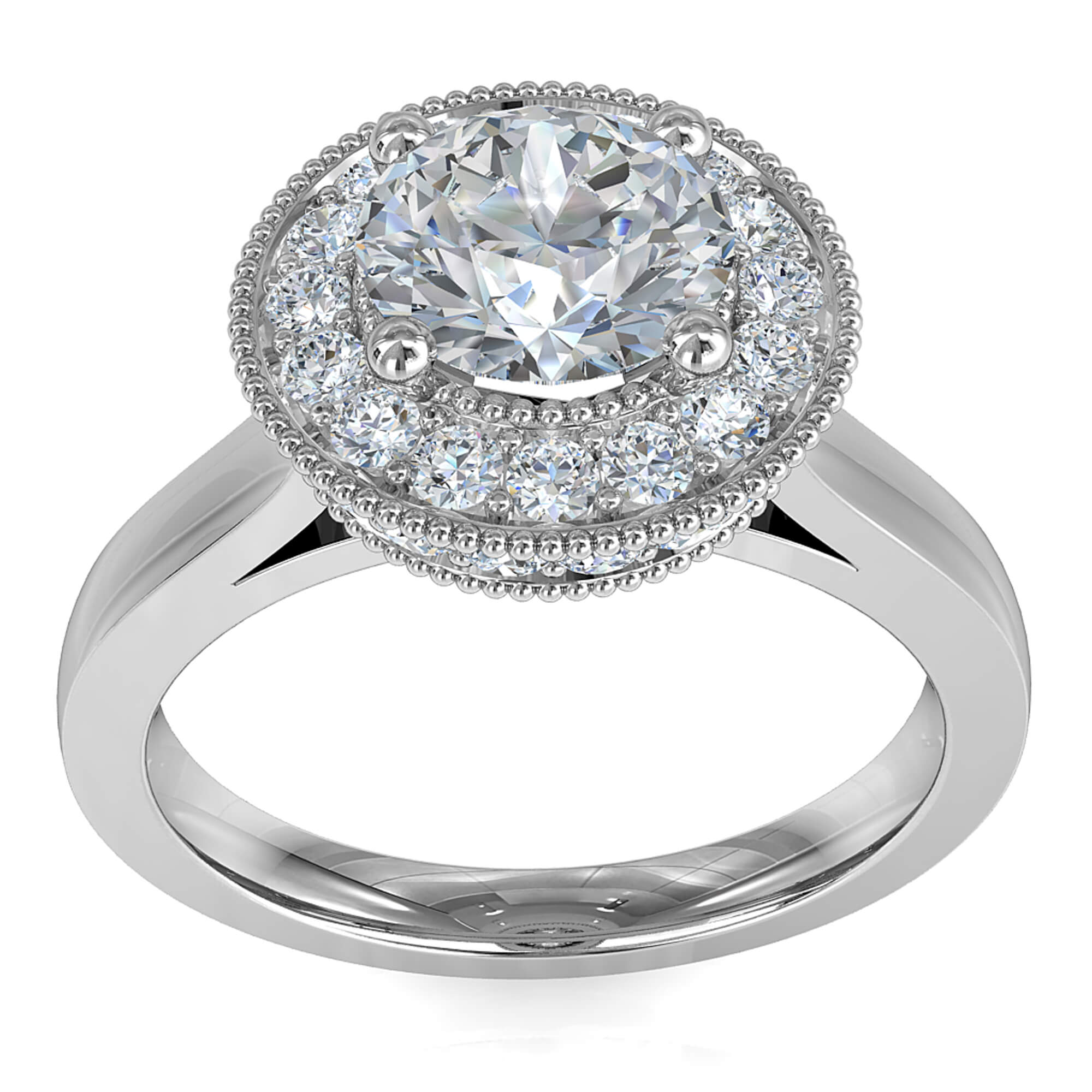 Round Brilliant Cut Halo Diamond Engagement Ring, 4 Claws Set in a Rolled Milgrain Bead Set Halo on Straight Half-Round Band with a Crossover Undersetting.