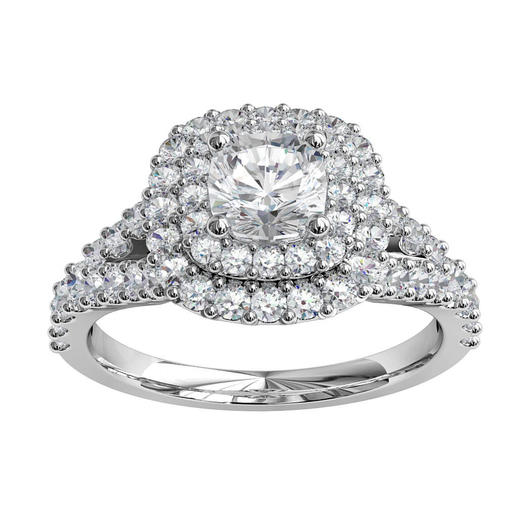 Round Brilliant Cut Diamond Halo Engagement Ring, 4 Claws Set in a Cut Claw Double Halo on a Split Cut Claw Band.