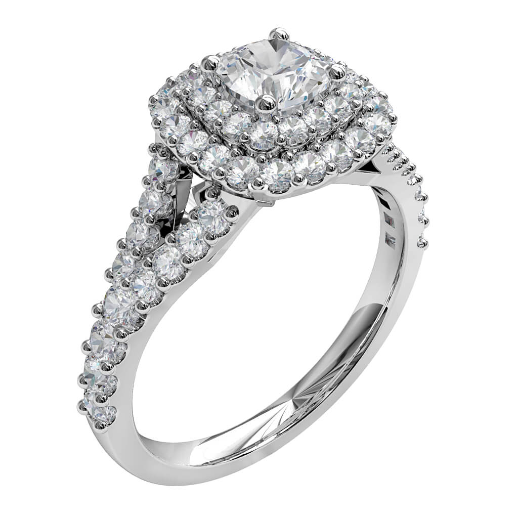 Round Brilliant Cut Diamond Halo Engagement Ring, 4 Claws Set in a Cut Claw Double Halo on a Split Cut Claw Band.