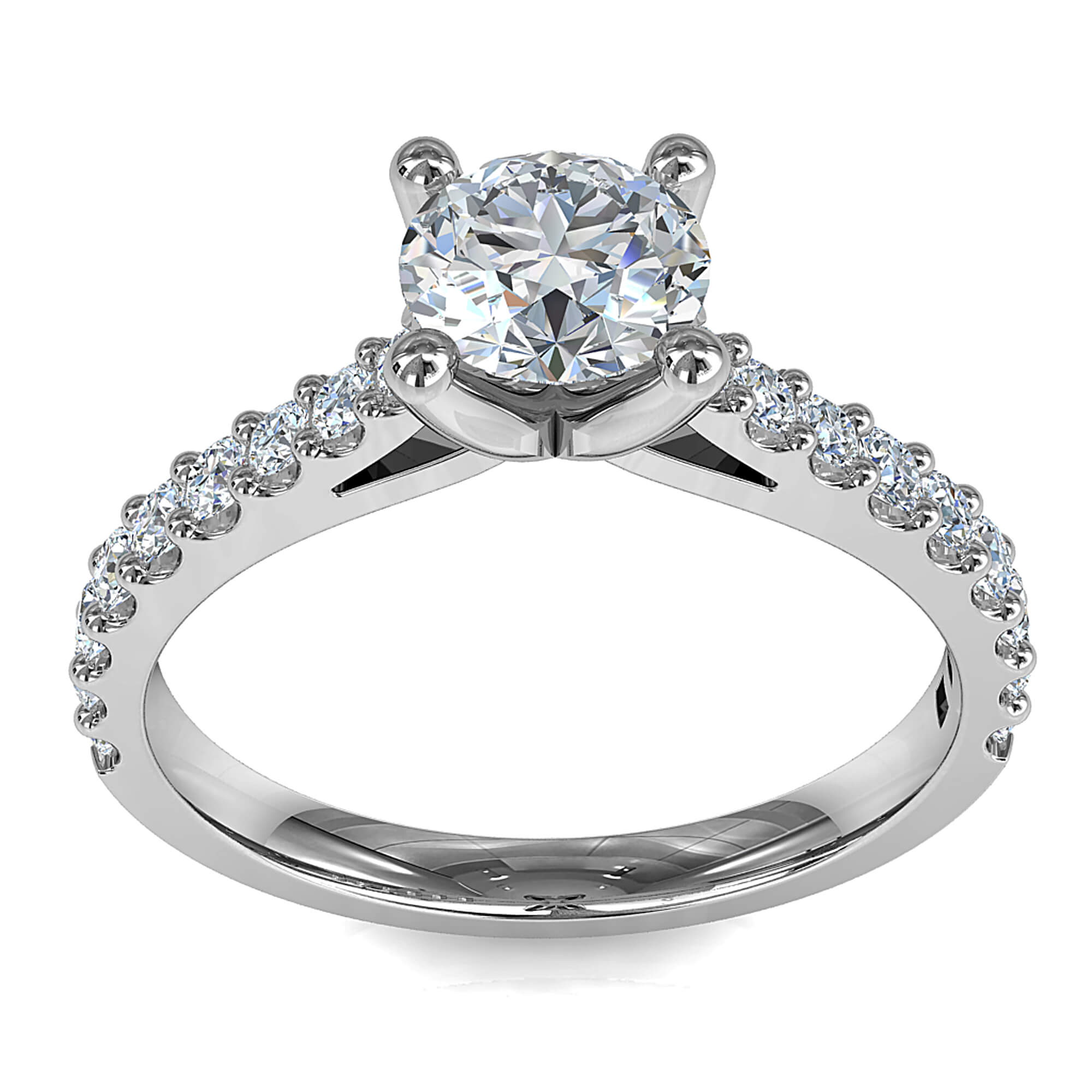 Round Brilliant Cut Solitaire Diamond Engagement Ring, 4 Button Claws Set on a Tapered Cut Claw Band with Fluted Undersetting.