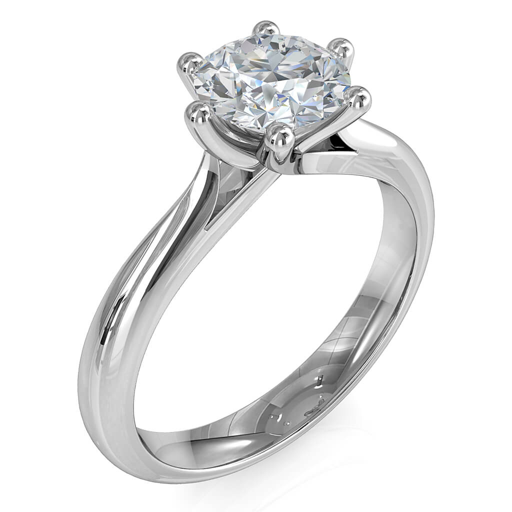 Round Brilliant Cut Solitaire Diamond Engagement Ring, 6 Button Offset Claws on a Round Tapered Band with Sweeping Undersetting.