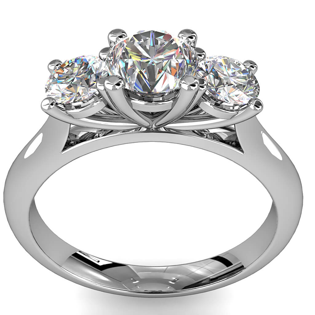 Round Brilliant Cut Diamond Trilogy Engagement Ring, Stones 4 Claw Set on a Round Tapered Band with Classic Underrail Setting.