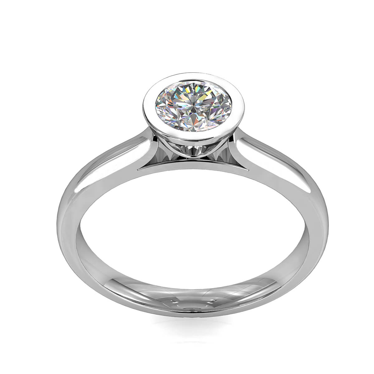 Round Brilliant Cut Solitaire Diamond Engagement Ring, Bezel Set on a Half Domed Band with Classic Open Undersetting.