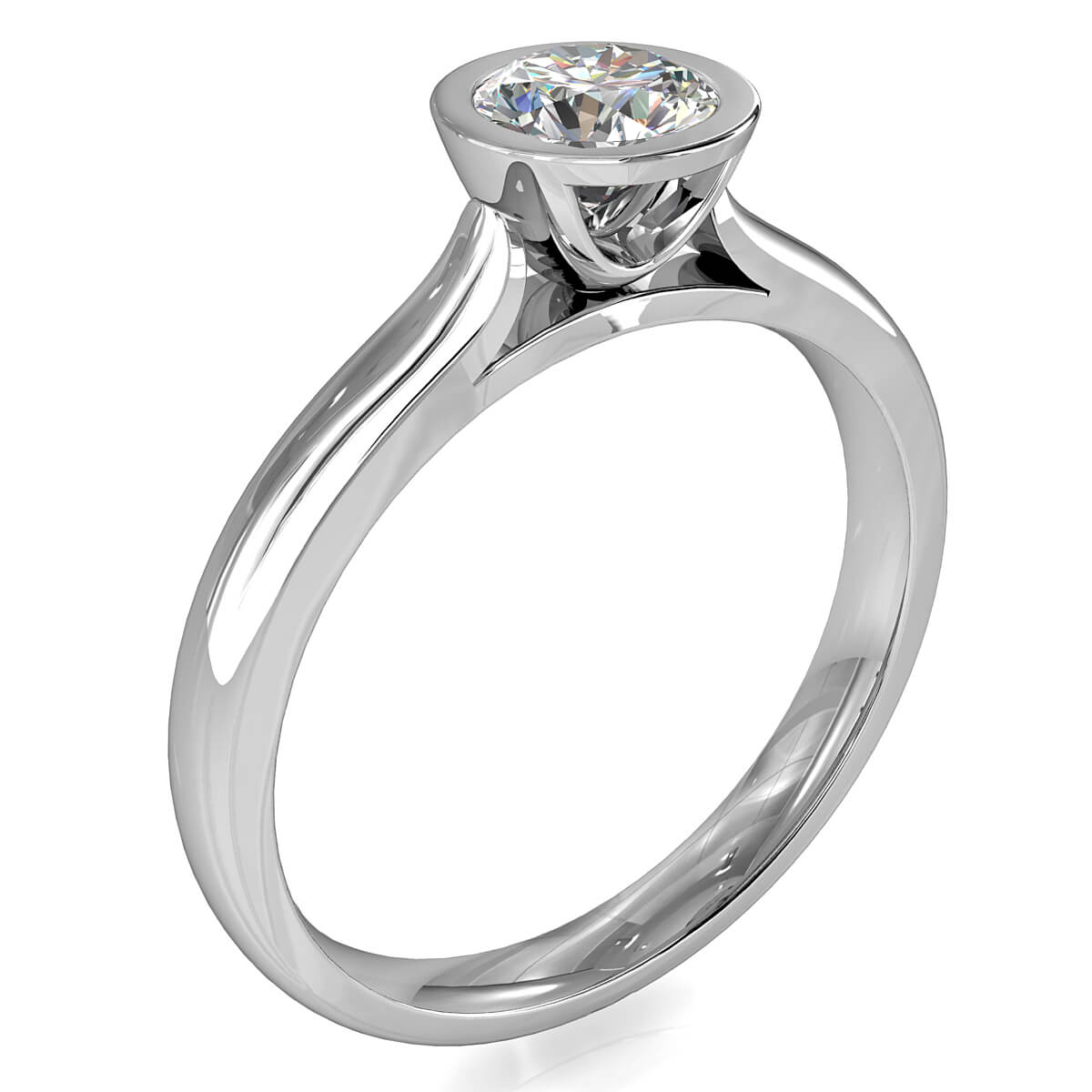 Round Brilliant Cut Solitaire Diamond Engagement Ring, Bezel Set on a Half Domed Band with Classic Open Undersetting.