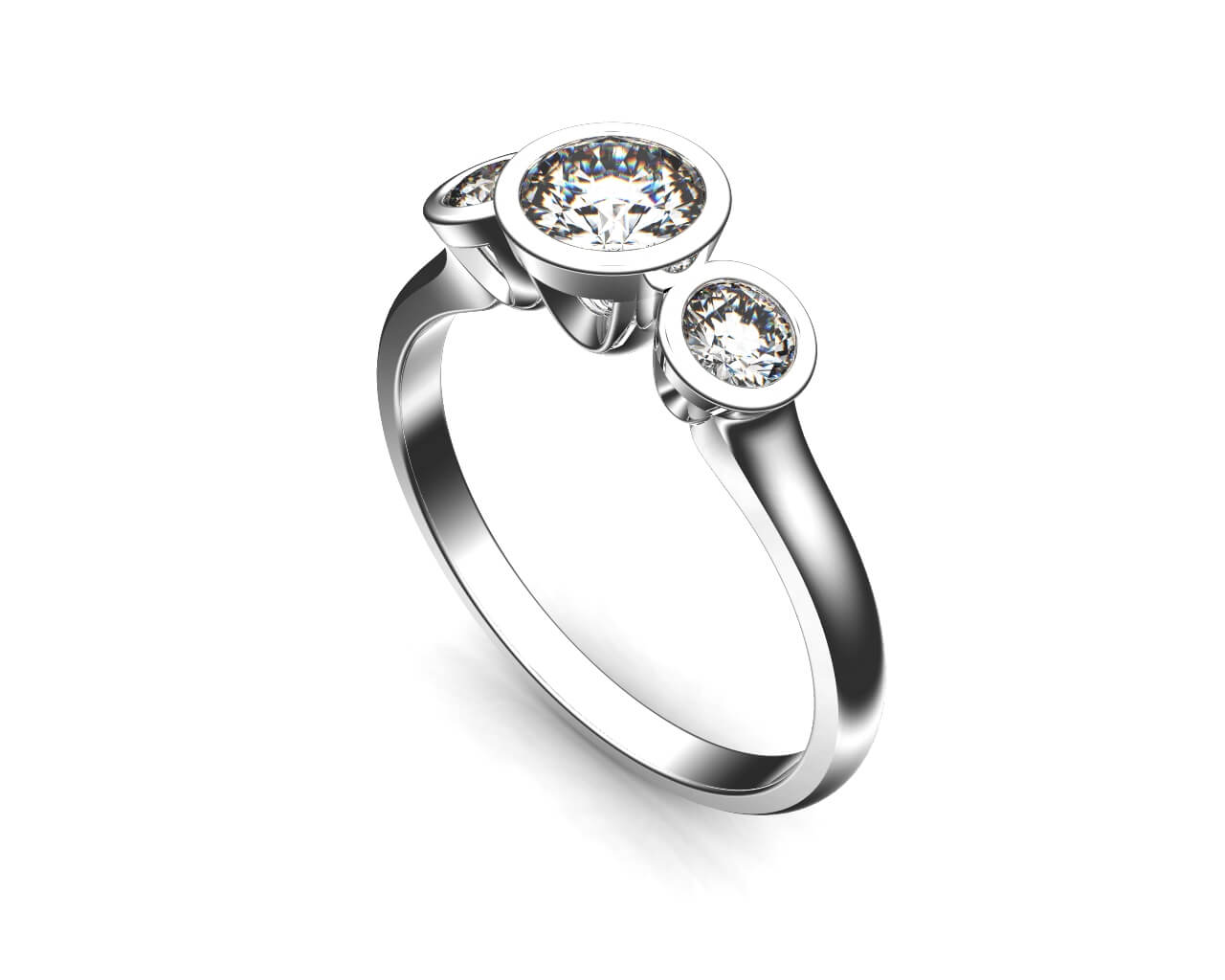Round Brilliant Cut Diamond Trilogy Engagement Ring, Bezel Set Stones on a Thin Plain Polished Band.