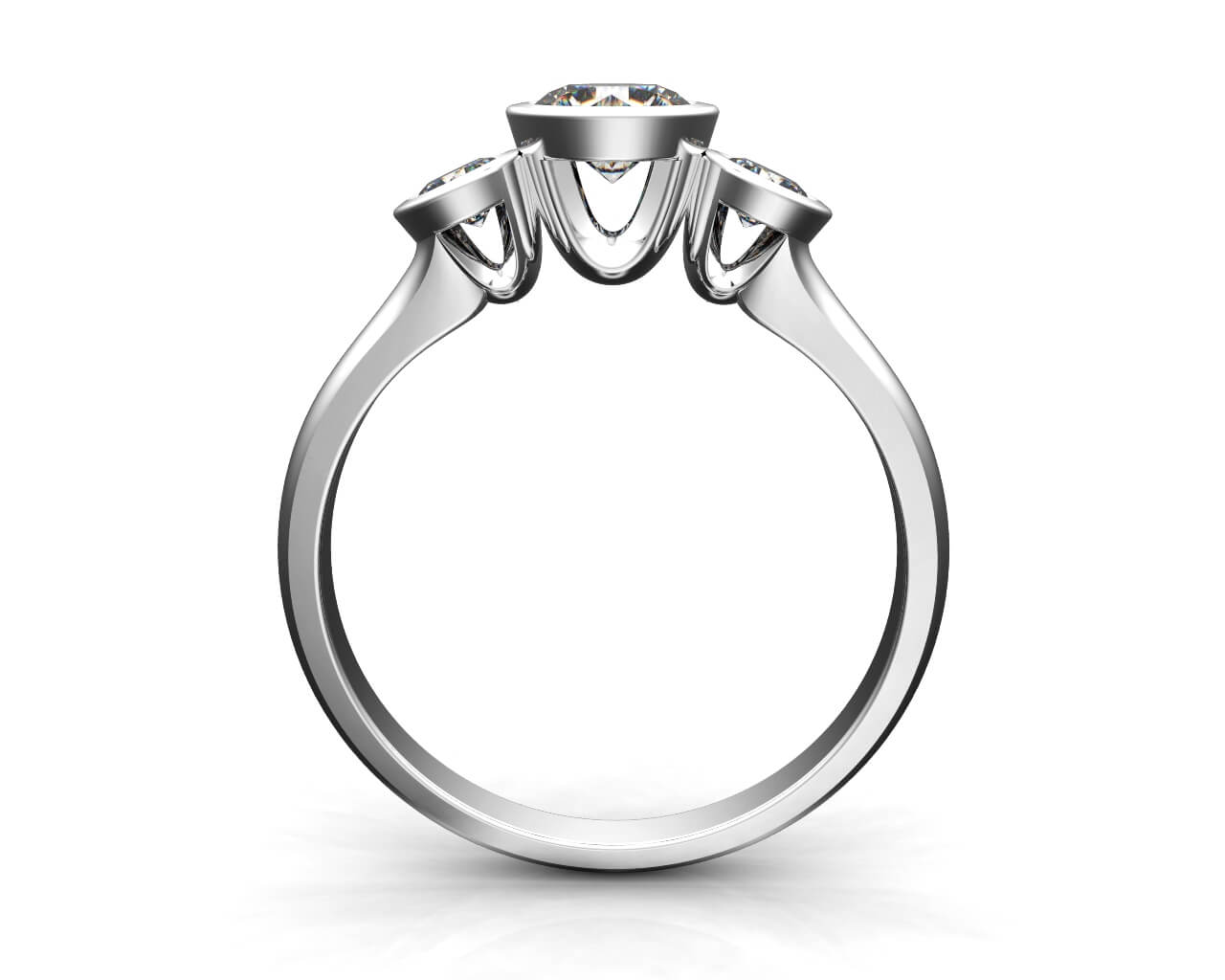 Round Brilliant Cut Diamond Trilogy Engagement Ring, Bezel Set Stones on a Thin Plain Polished Band.