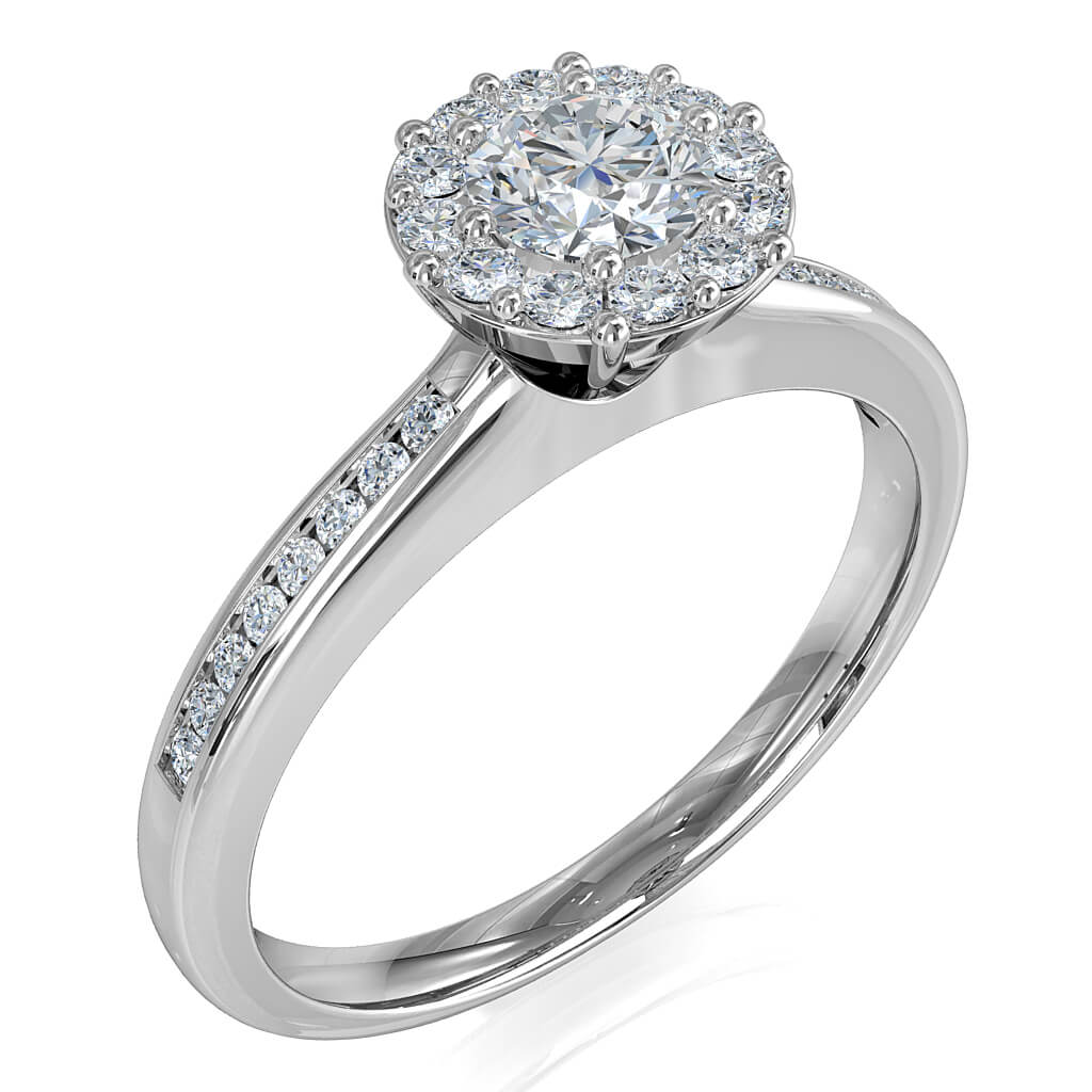 Round Brilliant Cut Diamond Halo Engagement Ring, 8 Claws Set in an Illusion Halo on a Round Channel Set Band with Wire Basket Undersetting.