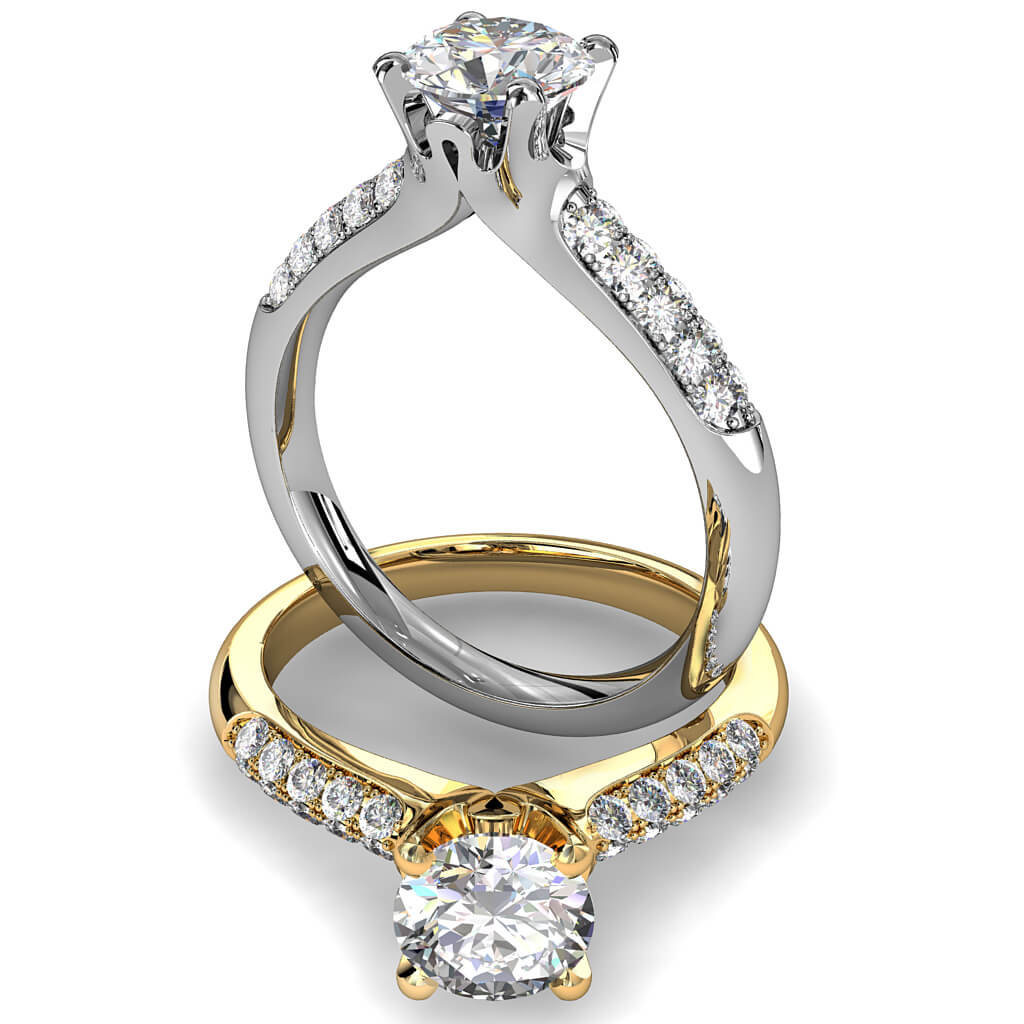 Round Brilliant Cut Solitaire Diamond Engagement Ring, 4 Claws Set on Three Row Pavé band with Solid Undersetting.