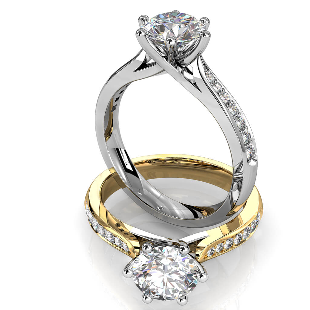 Round Brilliant Cut Solitaire Diamond Engagement Ring, 6 Fine Claws Set on Thin Tapered Band with Crossover Undersetting.