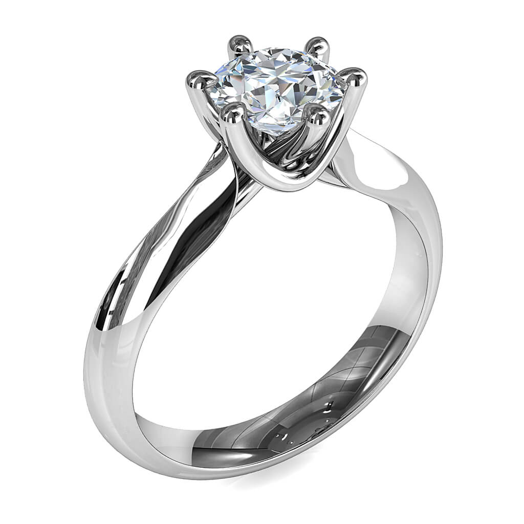 Round Brilliant Cut Solitaire Diamond Engagement Ring, 6 Fine Pear Shaped Claws on Knife edge Wide Taper band with Wire Sweeped Under setting.