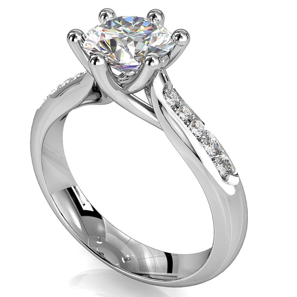 Round Brilliant Cut Solitaire Diamond Engagement Ring, 6 Button Claws Set on a Rounded Tapered Bead Set Band with Undersweep Setting.