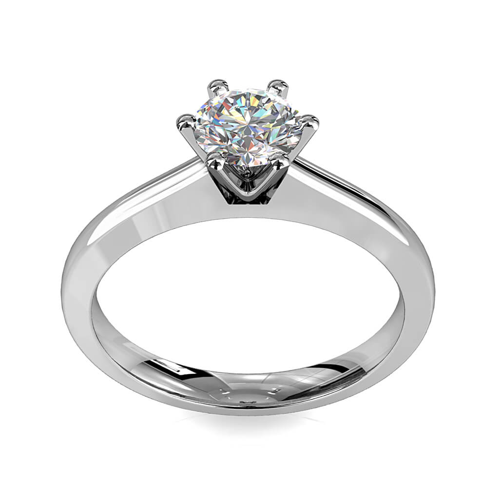 Round Brilliant Cut Solitaire Diamond Engagement Ring, 6 Fine Button Claws Set on Flat Band Gradual Tapred Band with Classic Undersetting.