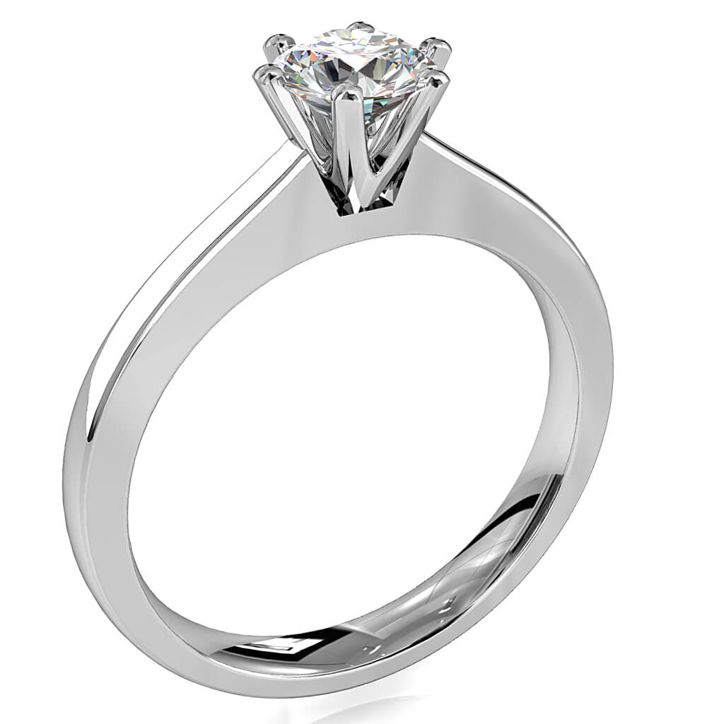 Round Brilliant Cut Solitaire Diamond Engagement Ring, 6 Fine Button Claws Set on Flat Band Gradual Tapred Band with Classic Undersetting.