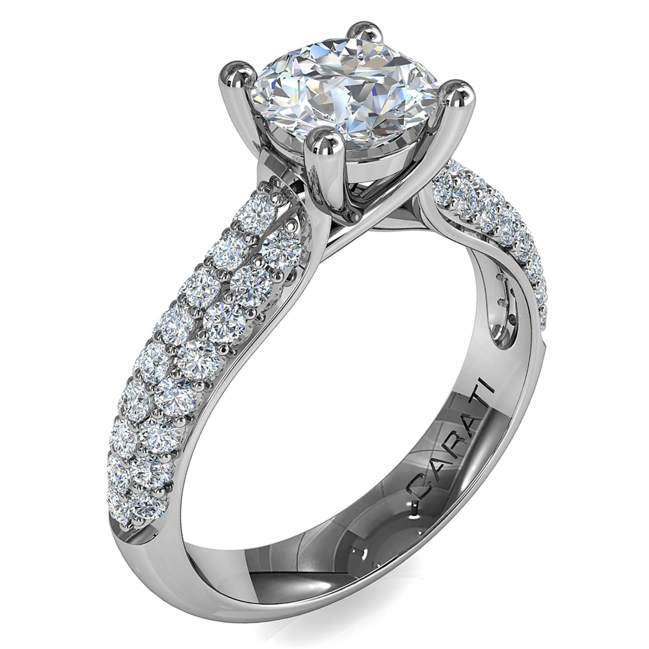 Round Brilliant Cut Solitaire Diamond Engagement Ring, 4 Button Claws Set on a Wide Three Row Pavé Band with Classic Support Bar Undersetting.